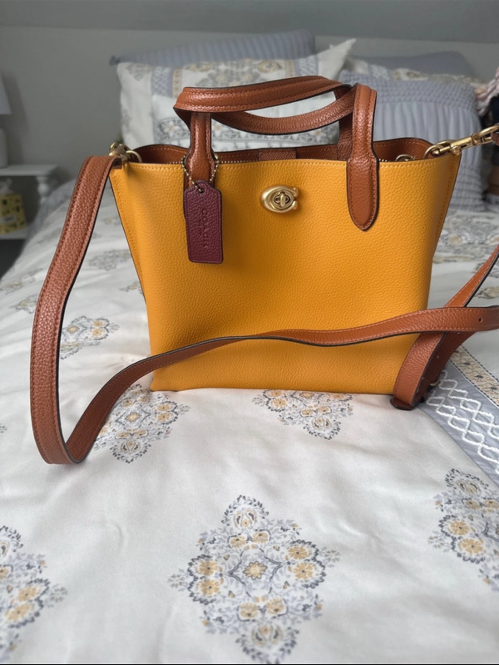 Coach Yellow and Brown Pebbled Leather Crossbody Tote